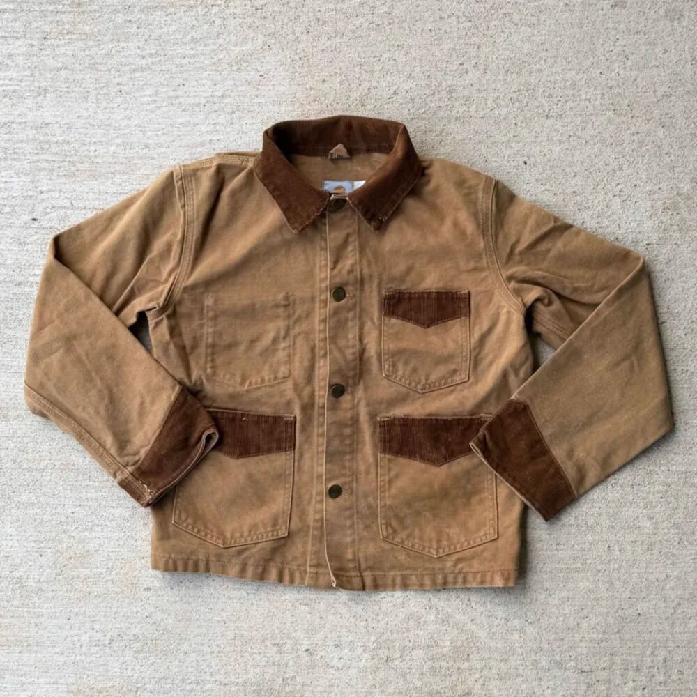 Vintage 90s Carhartt Youth 14 Brown Duck Canvas Corduroy Hunting Field Jacket